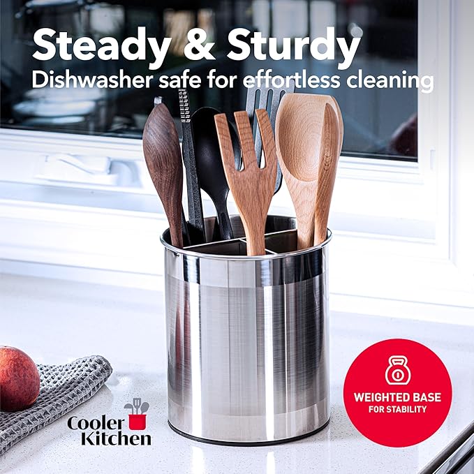 Cooler Kitchen Rotating Extra Large Stainless Steel Utensil Holder Caddy with Sturdy No-Tip Weighted Base, Removable Divider, and Gripped Insert Bottom -Dishwasher Safe Metal Cooking Utensil Holderâ