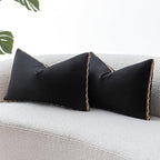 Decorative Neutral Linen Throw Pillow Covers 12x20 Inch Set of 2, Black Boho Farmhouse Pillow Covers with Braid Fringe for Sofa Bed Modern Couch Pillow Cases for Organic Home Decor