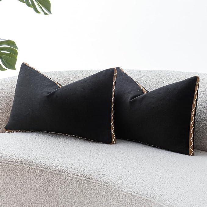 Decorative Neutral Linen Throw Pillow Covers 12x20 Inch Set of 2, Black Boho Farmhouse Pillow Covers with Braid Fringe for Sofa Bed Modern Couch Pillow Cases for Organic Home Decor