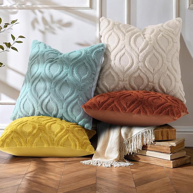 decorUhome Fall Throw Pillow Covers 26x26 Inch Set of 2, Soft Plush Decorative Faux Fur Beige Solid Couch Pillow Covers, Accent Farmhouse Neutral Square Euro Pillow Cases for Sofa Bed Living Room