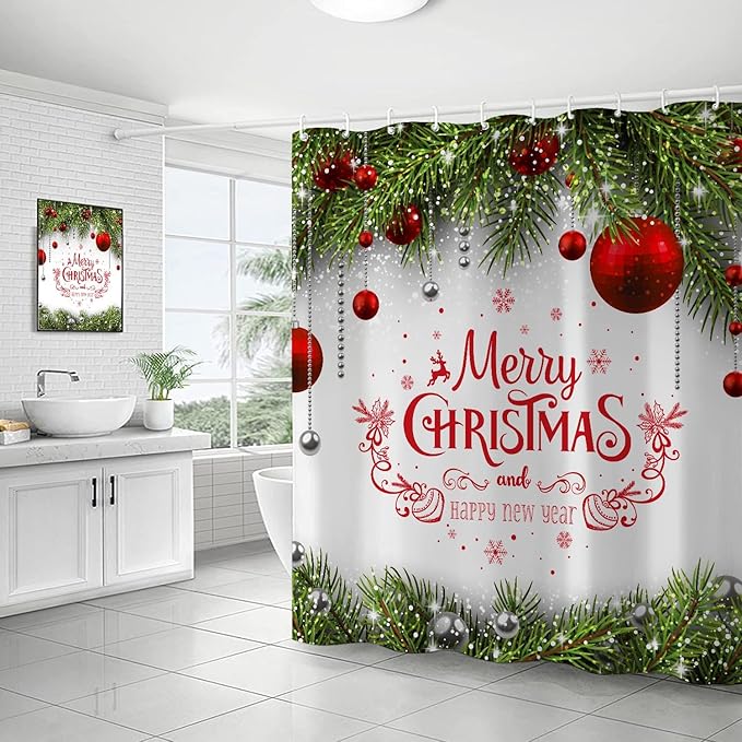Christmas Shower Curtain Merry Xmas Holiday Backdrop Snowflakes Pine Trees Shower Curtains Sets Polyester Waterproof Fabric Washable Decorative Bathroom Curtain 72" x 72" with 12 Hooks