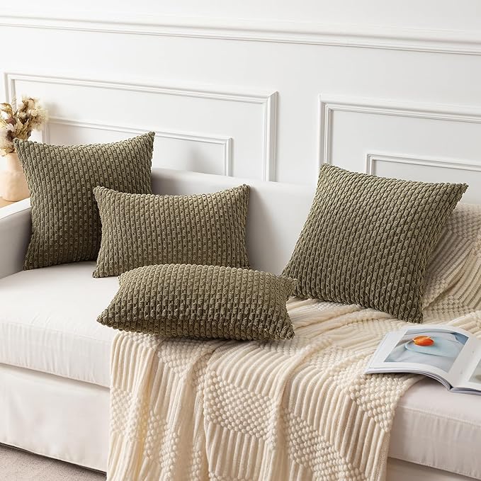 Kevin Textile Pack of 2 Corduroy Decorative Throw Pillow Covers 24x24 Inch Soft Boho Striped Pillow Covers Modern Farmhouse Home Decor for Sofa Living Room Couch Bed Olive Green
