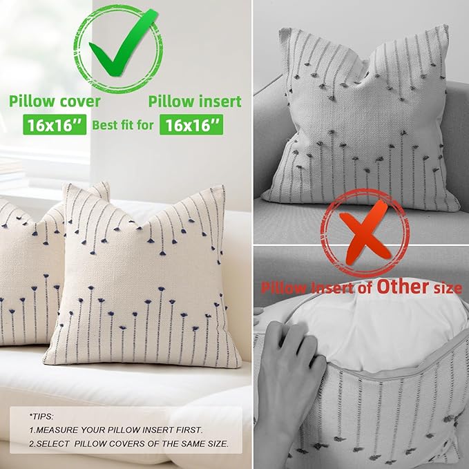 Boho Throw Pillow Covers 16x16 Set of 2 Neutral Woven Decorative Pillowcases Cotton Tufted Couch Pillows Modern Farmhouse Accent Cushion Covers for Sofa Couch Bed Living Room Home Decor, Navy Blue