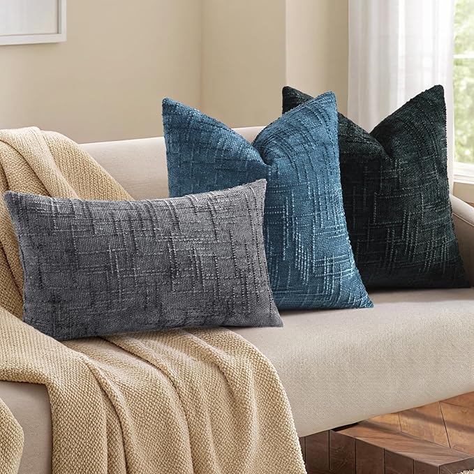 decorUhome Navy Blue Chenille Throw Pillow Covers 12x20 Set of 2 Thick Textured Slubby Couch Pillow Covers Farmhouse Accent Modern Neutral Decorative Pillow Cases for Bed Sofa Living Room