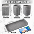 Resin Matte Gray Bathroom Toothbrush Cups Set with Holder and Tray, 4 Pcs Bathroom Accessories Set Counter Organizer for Sink Home Decor