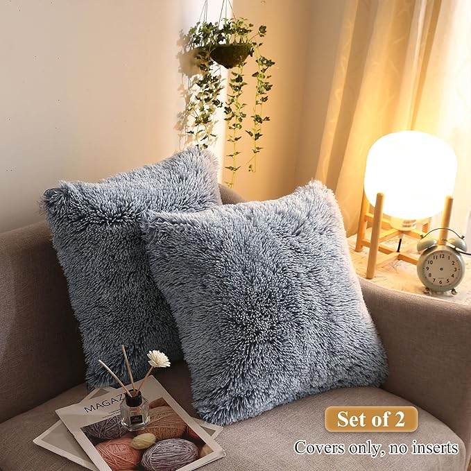XeGe Cozy Faux Fur Throw Pillow Covers, Zippered Fluffy Cushion Covers, Shaggy Fuzzy Decorative Pillow Covers, Plush Furry Pillowcases Pack of 2 for Sofa Couch Home Decor (18''x18'', Gray Ombre)