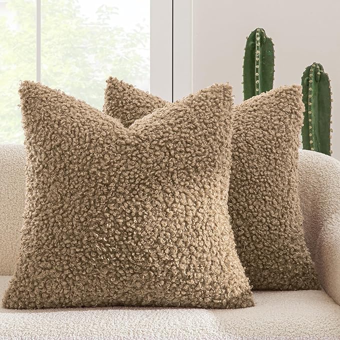 MIULEE Pack of 2 Throw Pillow Covers 24x24 Inch Neutral Khaki Faux Fur Decorative Sherpa Pillow Covers Fuzzy Accent Soft Sheepskin Fleece Cushion Cases for Boho Home Decor Couch Living Room Bed