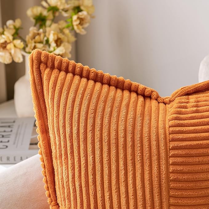 MIULEE Burnt Orange Fall Decorative Throw Pillow Covers for Couch Bed Livingroom 18x18 Inch Set of 2 Boho Accent Throw Pllows Broadside Striped Patchwork Soft Corduroy Pillowcases