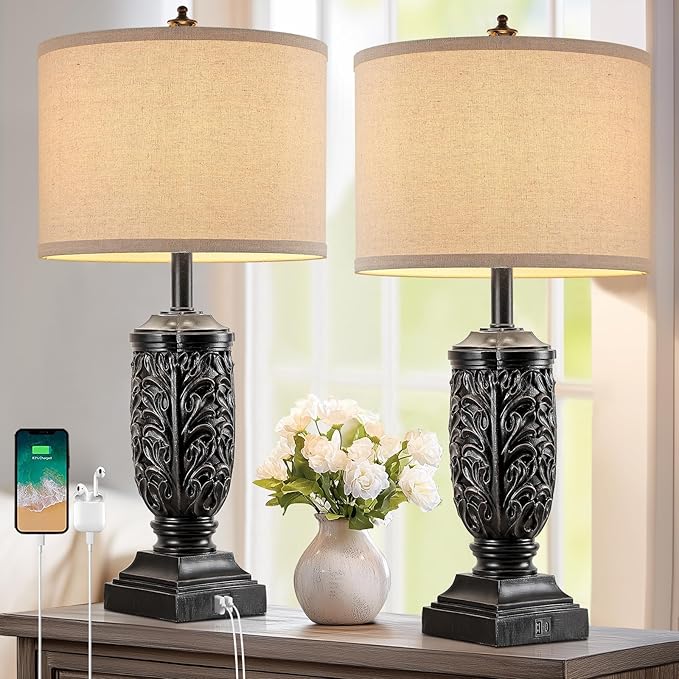 28.5” Vintage Farmhouse USB A+C Table Lamps Set of 2 for Living Room Bedroom Tall Rustic Bedside Nightstand Lamp Retro Traditional End Table Lamps for Entryway Home Office Decor Antique Black Accent