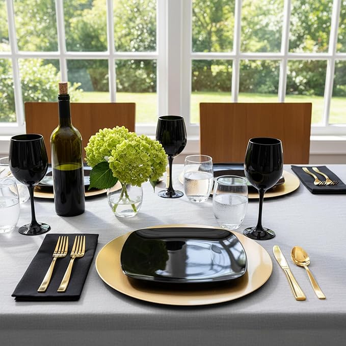 TP 10.5" Melamine Square Dinner Plates, 6-piece Plate Set Unbreakable Serving Dishes for Indoors and Outdoors, Unbreakable Dinner Service for 6, Black