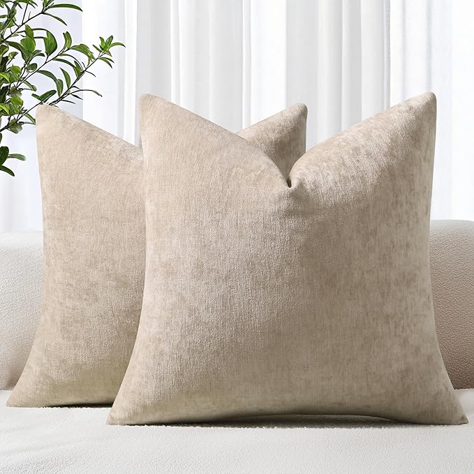 decorUhome Chenille Beige Throw Pillow Covers 26x26 Inch Set of 2, Decorative Soft Couch Pillow Covers Solid Dyed Accent Velvet Farmhouse Neutral Square Pillow Cases for Sofa Bed Living Room