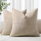 decorUhome Chenille Beige Throw Pillow Covers 18x18 Inch Set of 2, Decorative Soft Couch Pillow Covers Solid Dyed Accent Velvet Farmhouse Neutral Square Pillow Cases for Sofa Bed Living Room