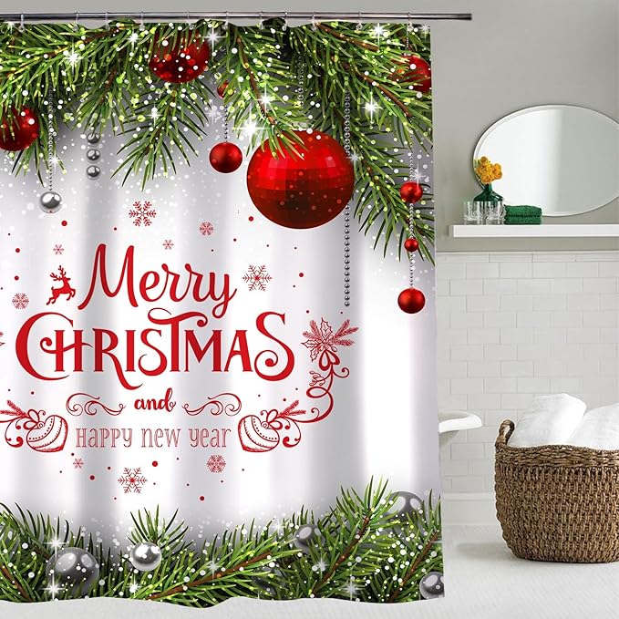 Christmas Shower Curtain Merry Xmas Holiday Backdrop Snowflakes Pine Trees Shower Curtains Sets Polyester Waterproof Fabric Washable Decorative Bathroom Curtain 72" x 72" with 12 Hooks
