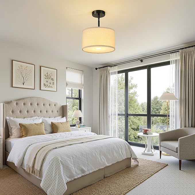 Semi Flush Mount Ceiling Light Fixture, 12'' Drum Chandelier with Classic Fabric Linen Shade, Modern Close to Ceiling Light for Bedroom, Hallway, Dining Room and Kitchen