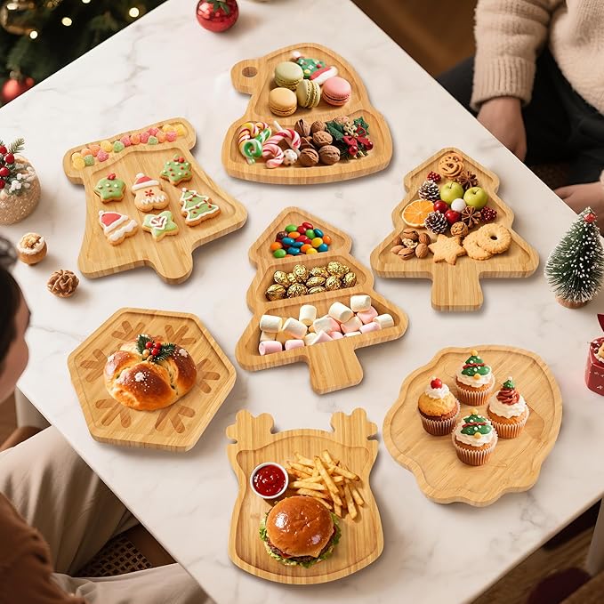 WILLKOMMEN Christmas Serving Tray, Bamboo Reindeer Shaped Serving Platter, Charcuterie Board Serving Dishes 10" x 9" for Party Cookie Fruit Tray Cheese Board Plate