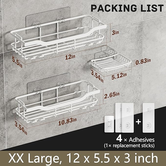 OMAIRA 3-Pack Shower Caddy with Soap Holder, Adhesive Rustproof No-drill Strudy Loading Inside Shower Organizer Shelves Rack Storage Bathroom Organization for Smooth Wall Glass Tile, White (X-Large)
