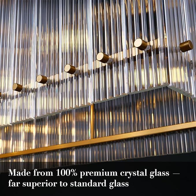Modern Gold Chandeliers,55 in Chandelier for Dining Room, Rectangular Water Ripple Crystal Glass Chandeliers Lighting Fixture, Suit Living Room、Kitchen Island, Adjustable Hanging Chandelier