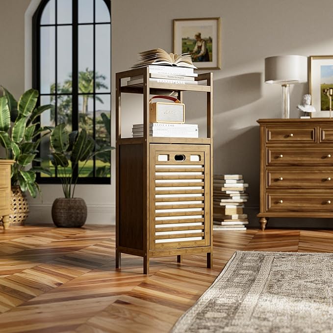 HITNET Bamboo Tilt Out Laundry Hamper, Bathroom Storage Cabinet with Hidden Removable Basket and 2 Open Shelves, Space Saving Bamboo Storage for Clothes, Towels and Toys, Walnut