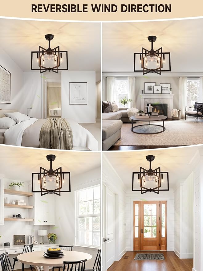 Black Chandelier Fan Farmhouse Rustic Ceiling Fan with Light and Remote, Adjustable Height, Rustic Chandeliers for Living Room, Bedroom, Hallway, Entryway Kitchen Lighting