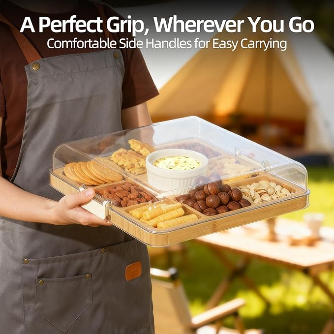 WILLKOMMEN Charcuterie Board with Lid- 9 Compartment Carbonized Bamboo Serving Tray with Locking Lid, Square Serving Platter Divided Serving Dishes for Party Cheese Snack Fruit