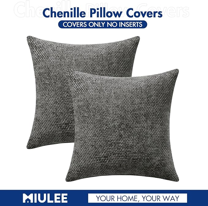 MIULEE Pack of 2 Lumbar Couch Throw Pillow Covers 20x12 Inch Dark Gray Modern Boho Accent Decorative Pillow Covers Soft Chenille Farmhouse Cushion Covers for Home Decor Bed Sofa Living Room