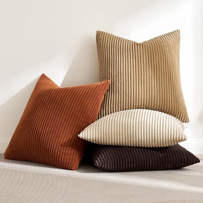 MIULEE Boho Farmhouse Throw Pillow Covers 18x18 Inch Set of 4 Rustic Mordern Neutral Cushion Covers Soft Corduroy Nordic Home Decor for Couch Bed Sofa Living Room Brown-Beige