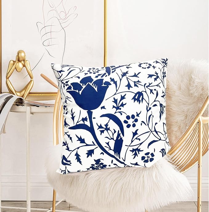 Decorative Throw Pillow Covers Set of 2 Blue Pillow Covers 20x20 inch Short Plush Couch Pillow Cases Floral Throw Pillows,Farmhouse Outdoor Pillow Covers for Sofa Living Room Cushion Covers