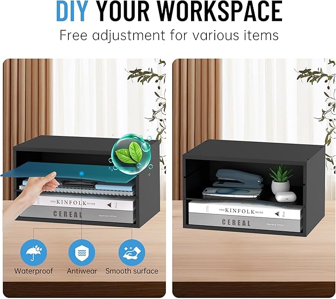 Wood Desk Organizer, 3 Tier Paper Tray Organizer for Desk with Adjustable Storage Shelves, Desktop Paper Sorter Mail Holder for Office Home Classroom, Black