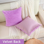 FUTEI Purple Striped Decorative Throw Pillow Covers 14x14 Inch Set of 2,Square Winter Decorations Couch Pillow Case,Soft Cozy Faux Rabbit Fur & Velvet Back,Modern Home Decor for Bed