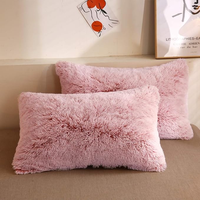XeGe Faux Fur Throw Pillow Cases, Plush Shaggy Ultra Soft Pillow Covers, Fluffy Crystal Velvet Decorative Pillowcases, Furry Fuzzy Pillow Shams Zipper Closure, Set of 2 (King, Pink Ombre)