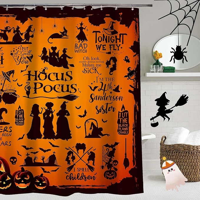 Metawu Halloween Shower Curtain Witch Shower Curtains Sets Witch Bat Spider Web Bathroom Curtain for Kids Waterproof Bathtubs Curtain 72"×72" with 12 Hooks Bathroom Decor