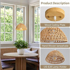 Farmhouse Wicker Pendant Light, 3-Light Boho Rattan Chandelier Light Fixture, Ceiling Hanging with Woven Lampshade, for Kitchen Bedroom Island Hallway, ETL Listed