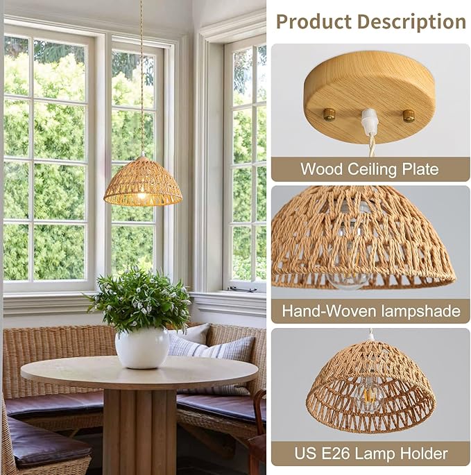 Farmhouse Wicker Pendant Light, 2-Light Boho Rattan Chandelier Light Fixture, Ceiling Hanging with Woven Lampshade, for Kitchen Bedroom Island Hallway, ETL Listed