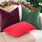decorUhome Chenille Christmas Green Throw Pillow Covers 20x20 Inch Set of 2, Decorative Soft Couch Pillow Covers Solid Dyed Accent Velvet Farmhouse Neutral Square Pillow Cases for Sofa Bed Living Room