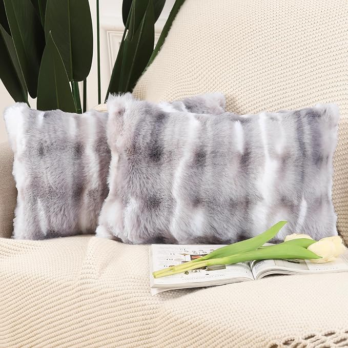 MADIZZ Pack of 2 Thick Plush Wool Throw Pillow Covers 12x20 Inch White Grey Soft Neutral Decorative Throw Pillows Accent Boho Cushion Covers for Couch Sofa Bedroom Pillow Shell