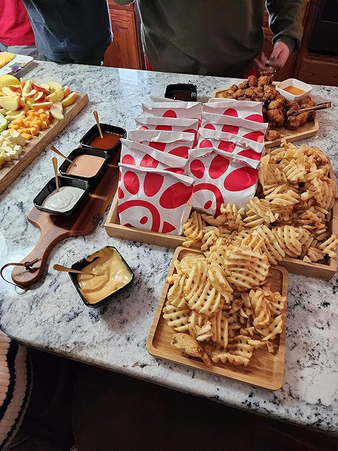 Bamboo Serving Trays Cutting Boards 16.5"x11.8"（42x30cm with Handle, Set Includes 0.63"(1.6cm) Thick Plates Hexagon 12.5"(32cm)+Square 7.8"(20cm)+Circle 7.8"(20cm) for Family Dinner Time