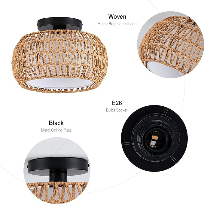 MAYNA 1-Light Boho Flush Mount Ceiling Light, Rattan Chandelier Light Fixture with LED Bulb, Hand-Woven Farmhouse Ceiling Light, Mini Wicker Light Fixture for Bedroom Hallway Entryway
