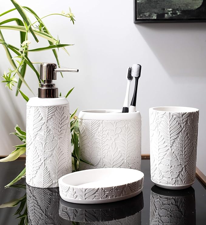 Hymmah Bathroom Accessories Set,Toothbrush Holder,Farmhouse Decor,4 Pcs Resin Gift Apartment Necessities, Contain Toothbrush Cup,Soap Dispenser & Dish,Tumbler
