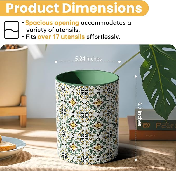Ceramic Kitchen Utensil Holder for Countertop, Embossed Pattern Crock with Kiln-Fired Finish, Counter Organizer for Cooking Tools , ,Green