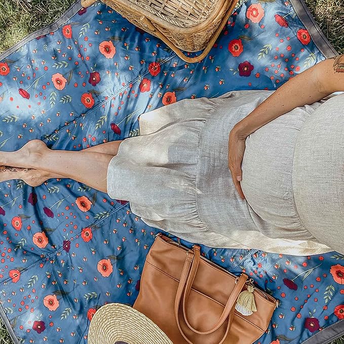 Little Unicorn 5'x10' XL Outdoor Family Picnic & Beach Blanket | Durable & Water-Resistant Fabric | Compact Fold & Easily Wipes Clean | Zipper Pocket (Midnight Poppy)