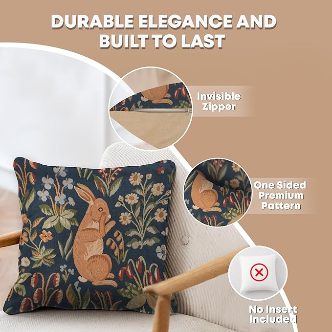 Charlotte Home Throw Pillow Covers - 14x14 Inch Decorative Tapestry Pillow Case for Sofa & Bed - Rabbit French Country Sofa Cushion Cases - Elegant Woven Accent Pillow Covers with Hidden Zipper