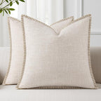 decorUhome Decorative Outdoor Throw Pillow Covers 22x22 Set of 2, Square Linen Rustic Neutral Farmhouse Euro Pillow Covers with Stitched Edge for Couch, Sofa, Living Room, Beige