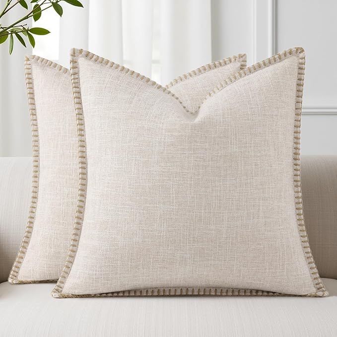 decorUhome Decorative Outdoor Throw Pillow Covers 18x18 Set of 2, Square Linen Rustic Neutral Farmhouse Euro Pillow Covers with Stitched Edge for Couch, Sofa, Living Room, Beige