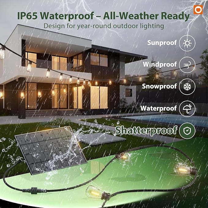 addlon 102FT(96+6) LED Solar String Lights Outdoor Waterproof, 48+4 Shatterproof Edison Bulbs, 3 Modes, Timeable, Dimmable, Outdoor Lights Solar Powered Patio Hanging Solar Lights for Outside Garden