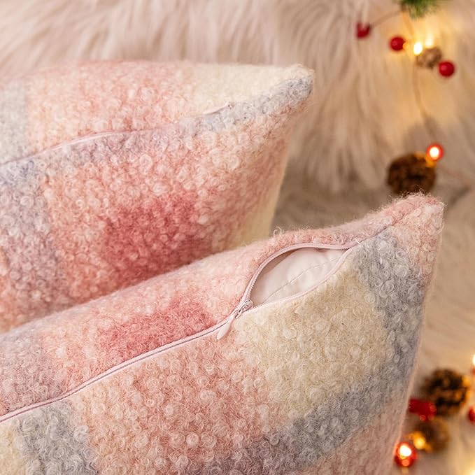 AQOTHES Pink White Plaid Winter Throw Pillow Covers 12x20 Inch Set of 2, Boucle Faux Fur Pillow Covers,Cozy Fluffy Home Living Room Farmhouse Decor for Sofa Couch Bed