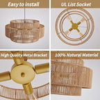 3-Tier Large Rattan Chandeliers, 23.6in Woven Boho Coastal Pendant Lights for Dining Room