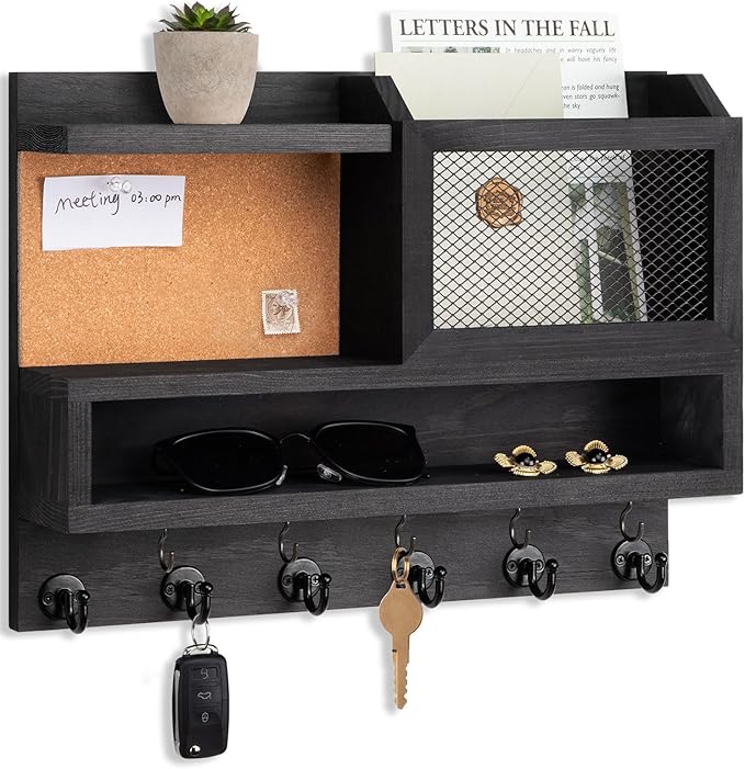 Key Holder for Wall with Mail Organizer,Farmhouse Mail and Key Holder for Wall,Key Hanger with ‌Metal 11 Hooks,Corkboard,and Shelf,Decorative Natural Pine Wood Entryway Organizer,14.6*11.1*3.3”,Black