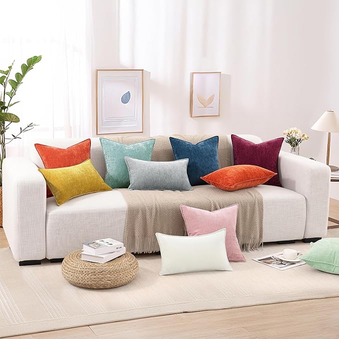 decorUhome Couch Throw Pillow Covers 12x20 Set of 2, Decorative Soft Euro Neutral Chenille Lumbar Pillow Covers with Elegant Design for Sofa Bed Living Room Home Decor, Poseidon