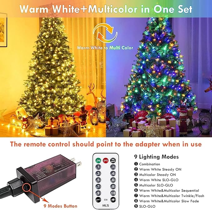 2 Pack Warm White to Multicolor Christmas Lights Indoor Outdoor, Super Bright 66FT 200 LED String Lights Waterproof, Twinkle Xmas Light with Timer for Bedroom Party Christmas Tree Decorations