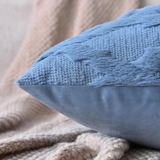 Set of 2 Soft Moroccan Throw Pillow Covers 24x24 Inch Plush Boho Decorative Pillow Cover Accent Cushion Case for Couch Sofa Bed, Grey Blue